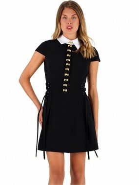 Elisabetta Franchi Lace-Up Mini Dress White Collar Gold Logo IT 42 US 6 Like New